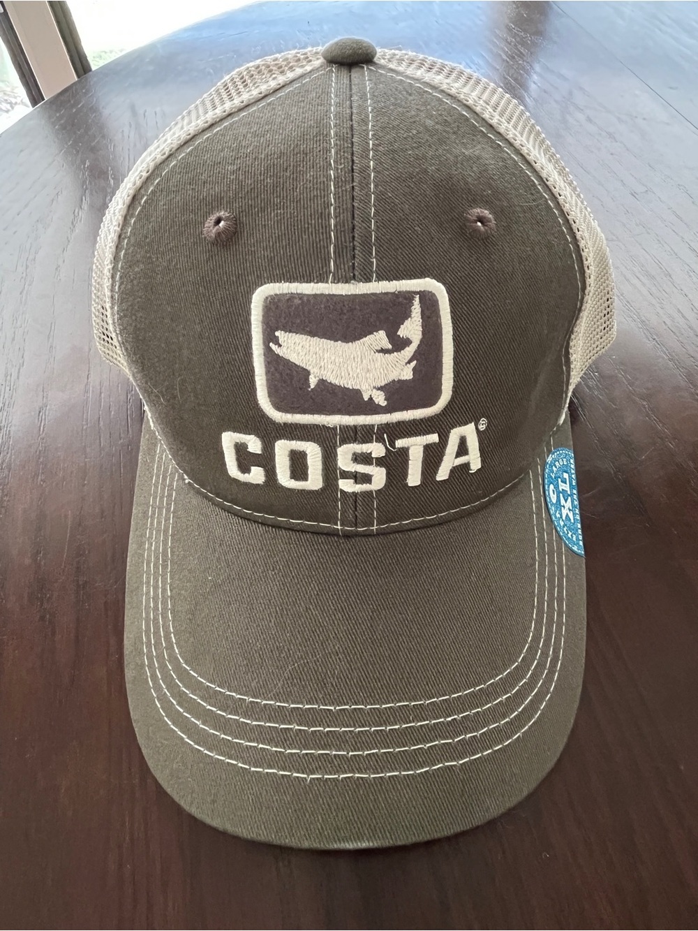 Costa Del Mar Brown Bass Patch Trucker Fishing SnapBack Hat Trucker NWT XL